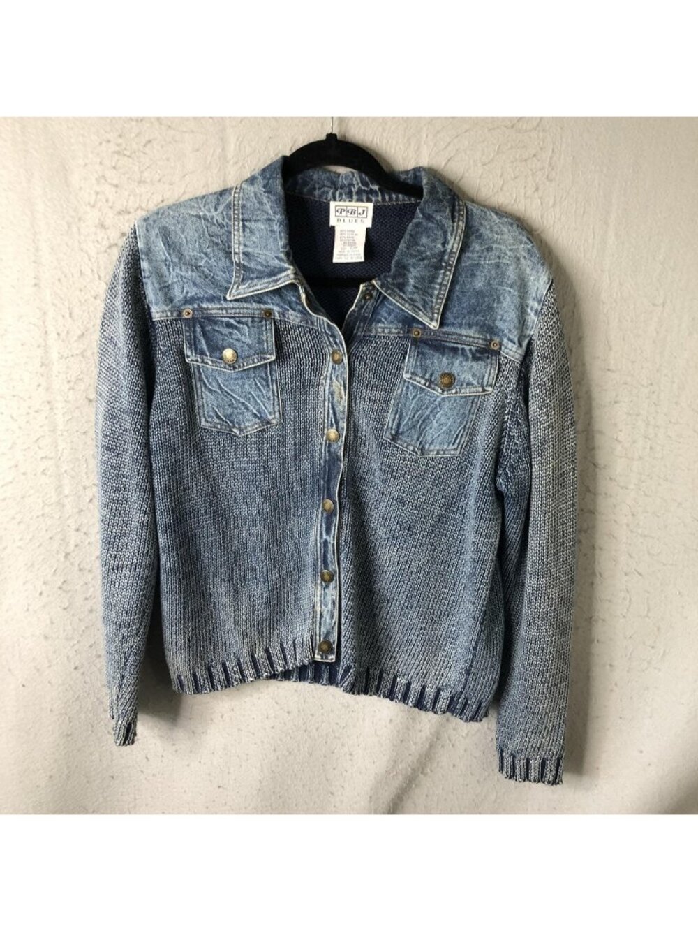 PBJ Blues Cardigan Sweater Womens Petite S/P Blue Denim Yoke Snap Jacket